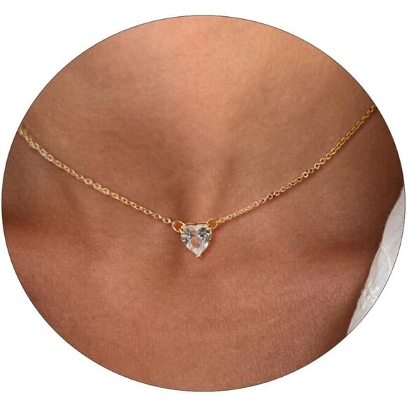 Dainty Gold CZ Heart Choker Necklace – Minimalist Layering Jewelry for Women - Picture 6 of 6